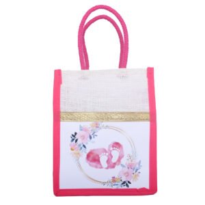 White & Pink Lotus Print Jute Bag
