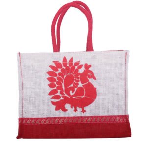 White & Red Peacock Print Jute Bag