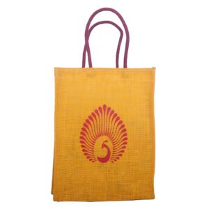 Yellow Peacock Print Jute Bag