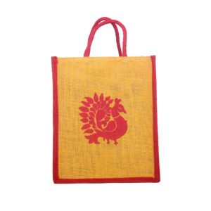 Yellow Peacock Print Jute Bag