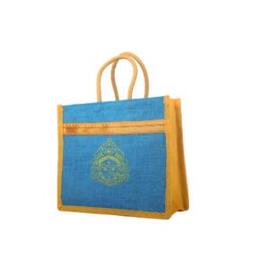 Blue & Yellow Durga Print Jute Bag