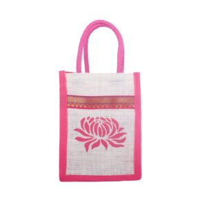 White & Pink Lotus Print Jute Bag